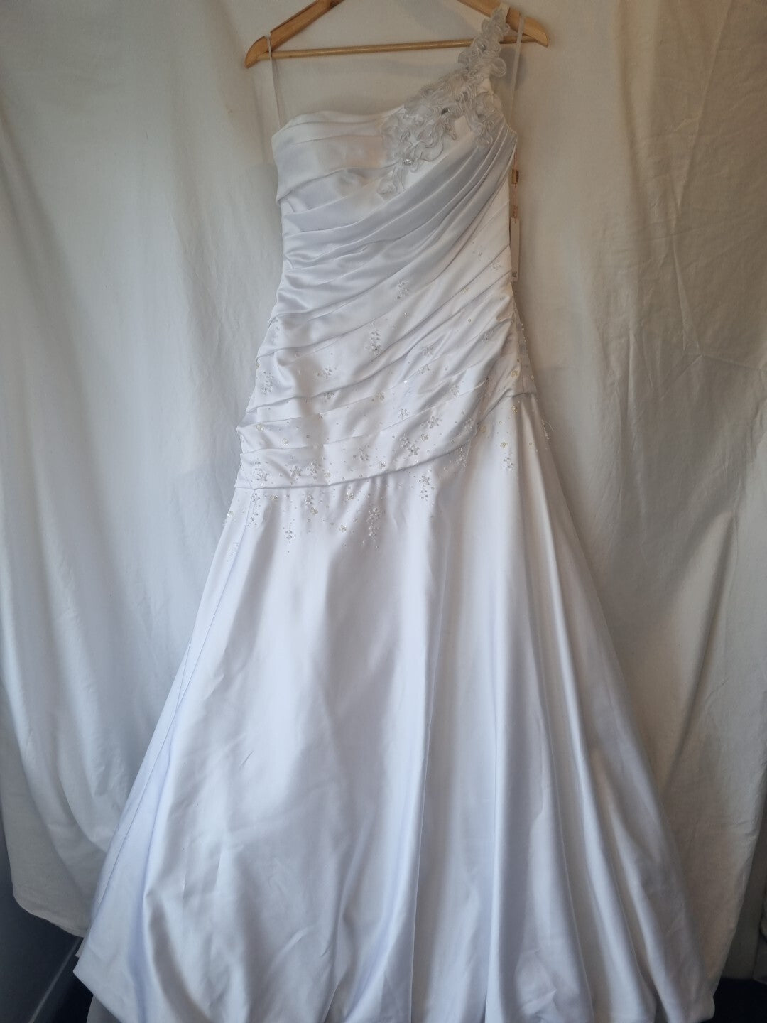 iModa White Satin A-line Beaded Sequin Pleated One Shoulder Wedding Dress Sz 10
