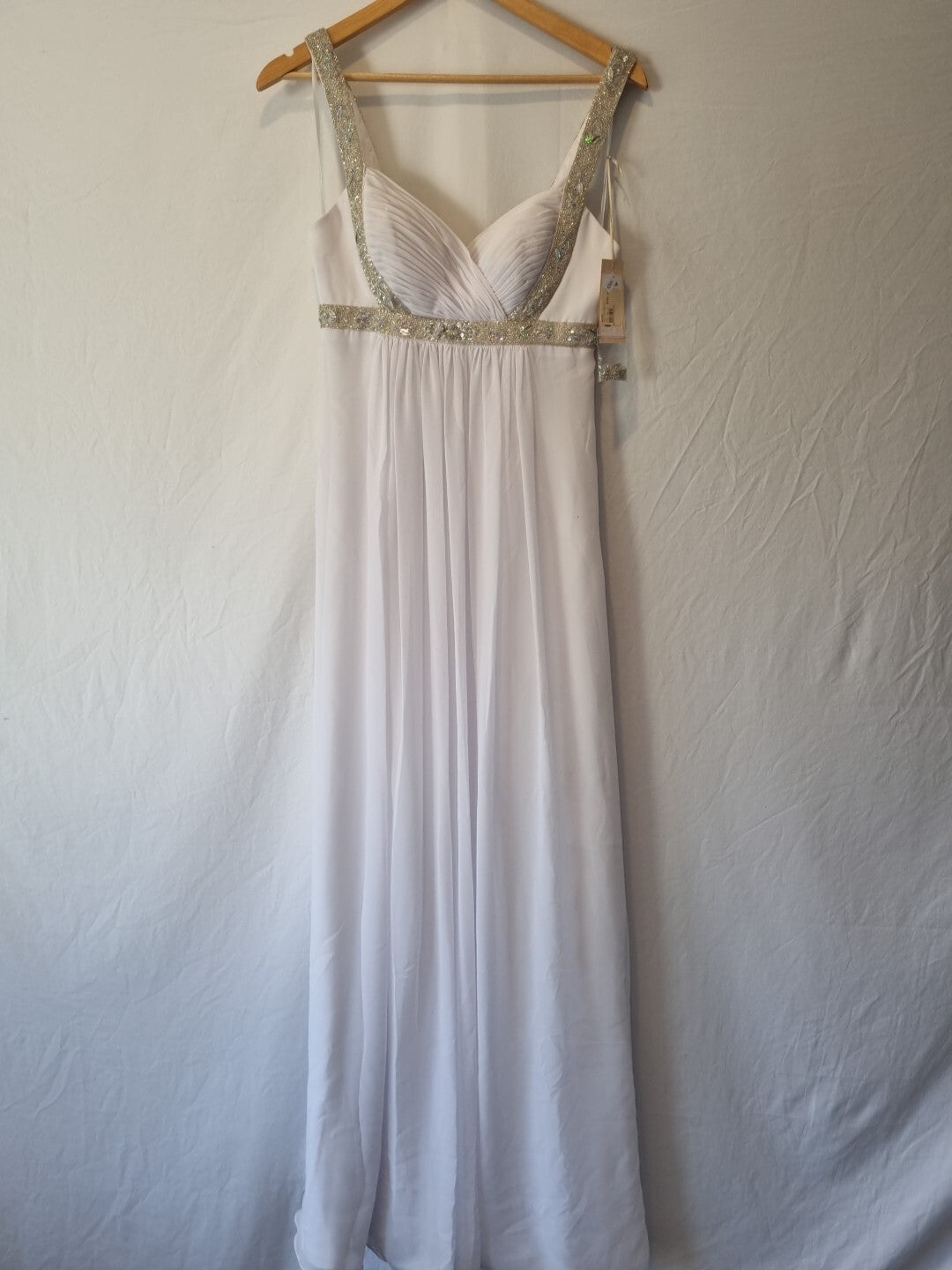 Imoda White Chiffon Sweetheart Beaded Ruched Empire Wedding Dress Sz 8