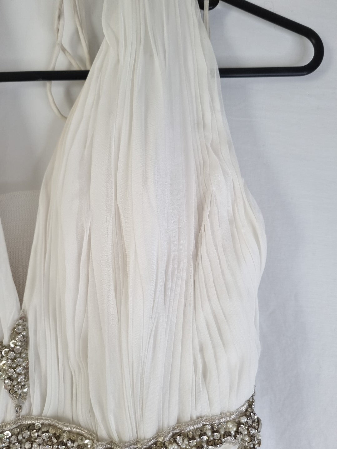 Imoda Ivory Chiffon Halter Neck Ruched Crystal Bead Backless Wedding Dress Sz 65