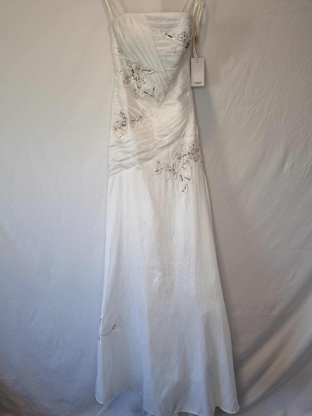 Imoda White Beaded Sequin Embroidered Pleated A-line Wedding Dress Sz 8