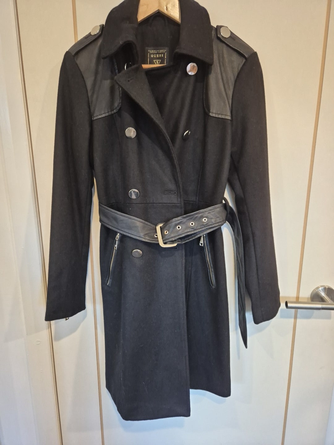 Guess Black Military Trench Wool Blend Coat Jacket Size Xs