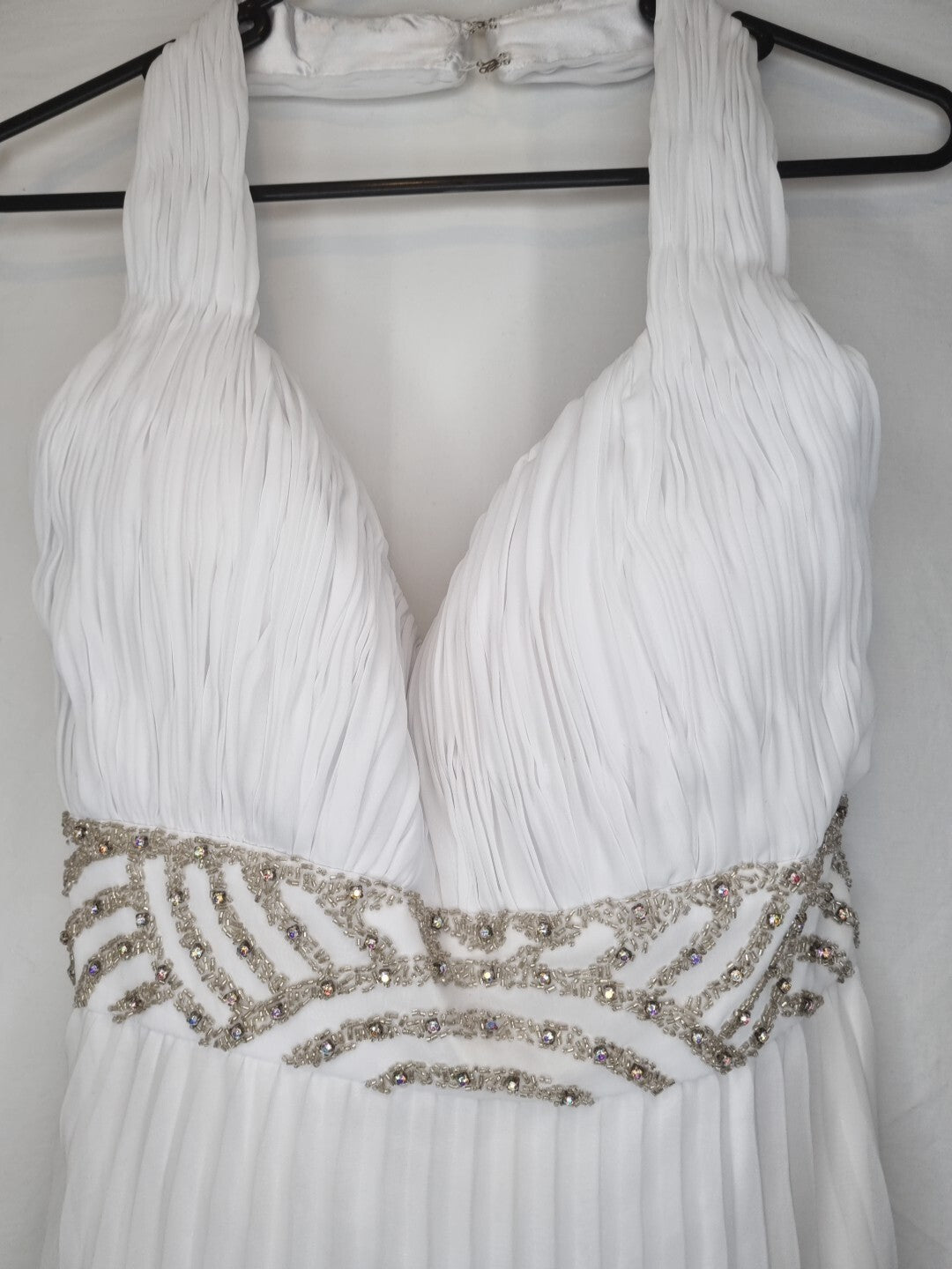 Imoda White Chiffon Ruched Pleated Beaded Grecian Empire Wedding Dress Sz 123