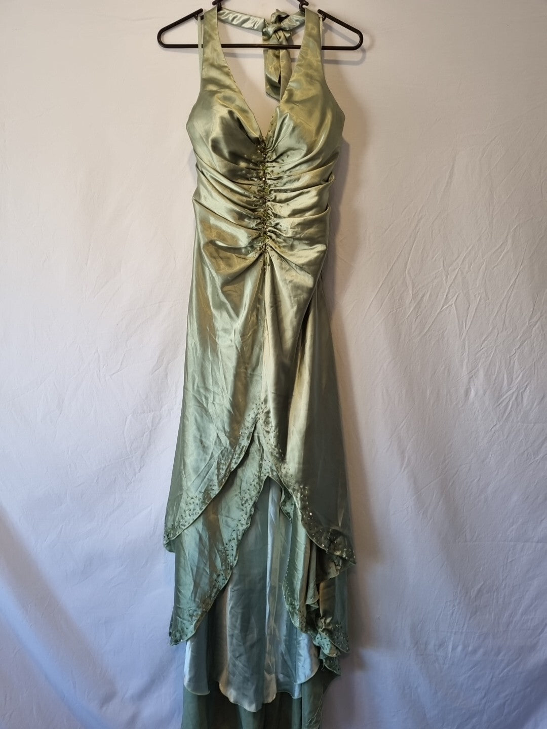 Giovanni Satin Green Ruched Beaded Halter Neck Evening Bridesmaid Dress Sz 10