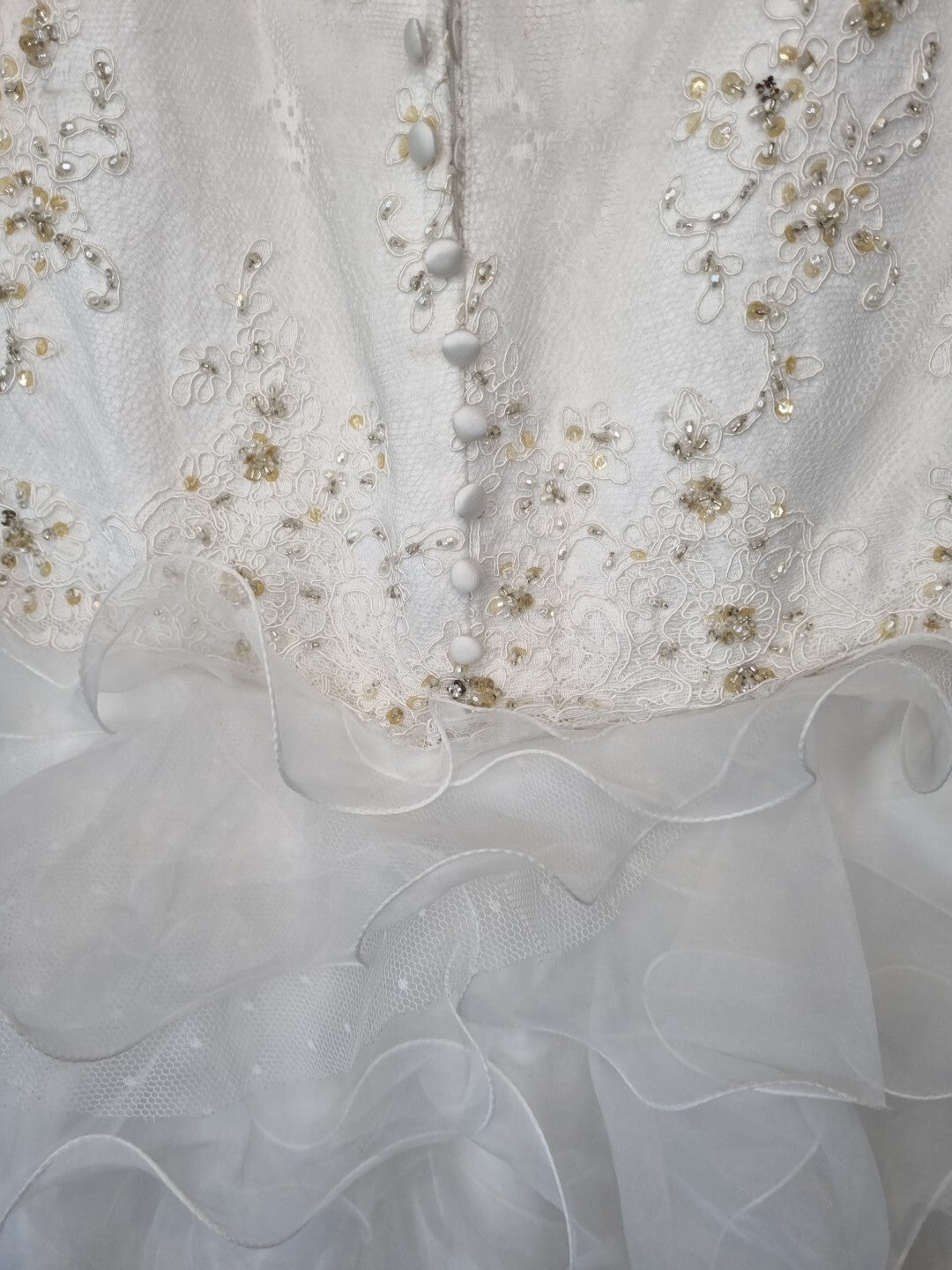 Imoda Ivory Lace Sweetheart Beaded Mermaid Ruffled Train Wedding Dress Sz 1013