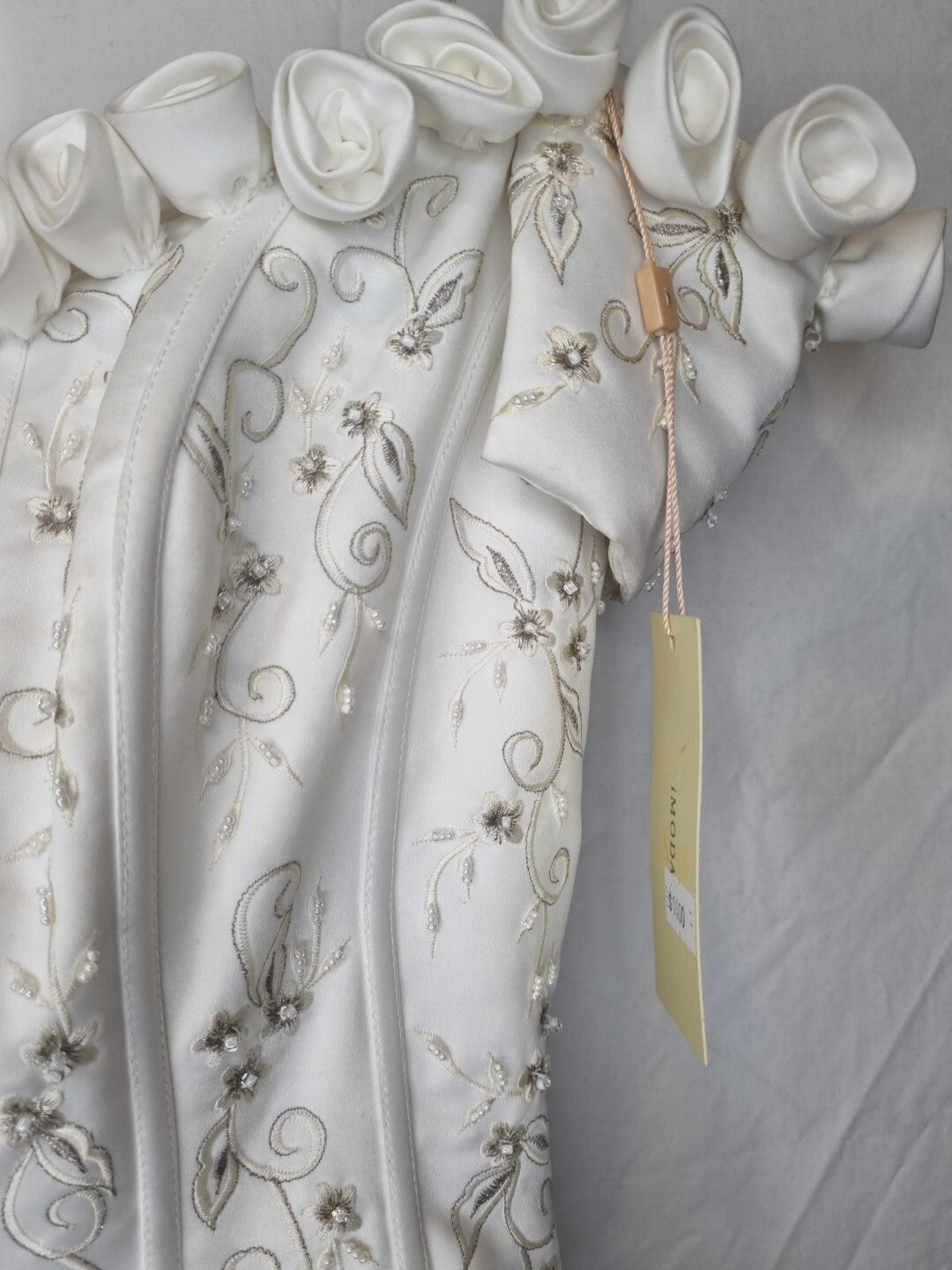 Imoda White Satin Corset Off Shoulder Beaded Roses Train Wedding Dress Sz 125