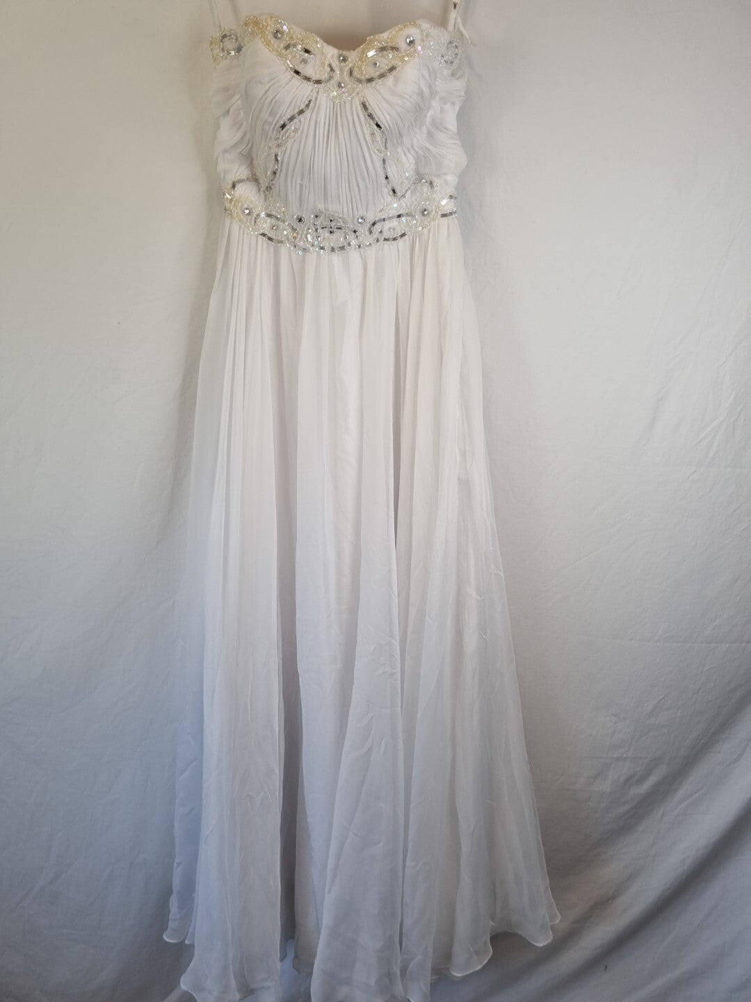 Imoda White Chiffon Sweetheart Ruched Beaded Pearl Wedding Dress Sz 10