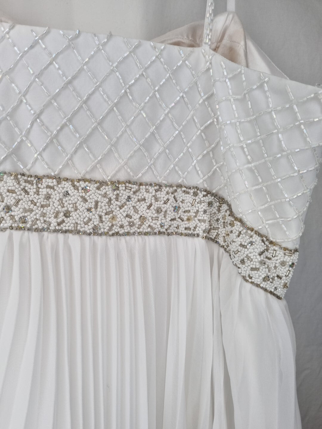 Imoda White Chiffon Pleated Beaded Tiered Strapped Wedding Dress Sz 1012