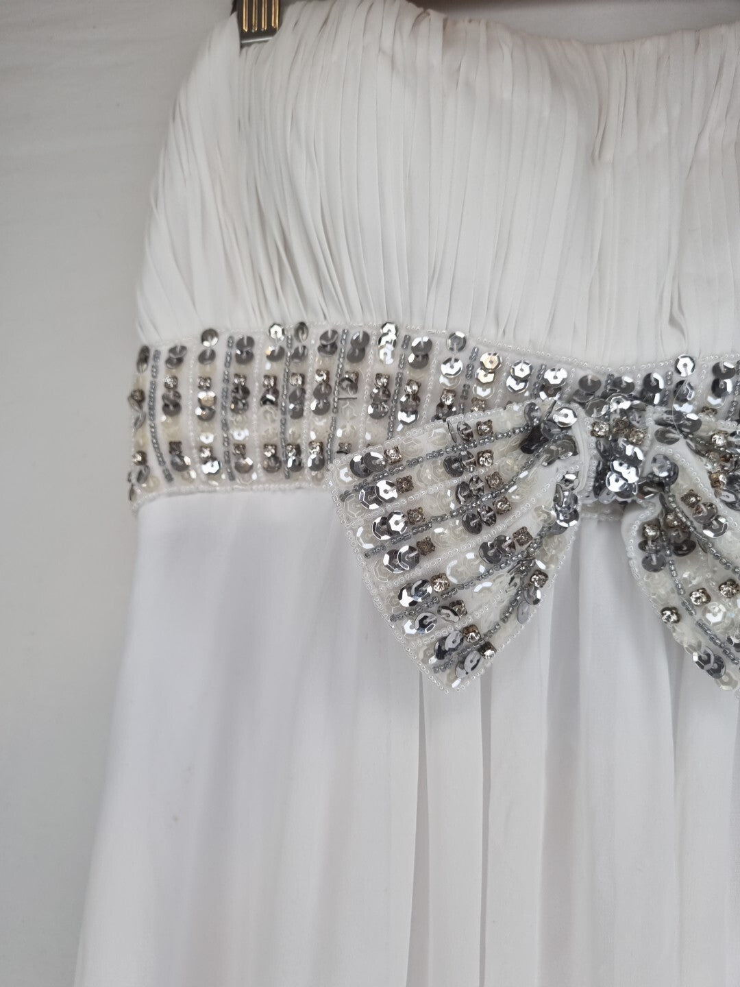 Imoda White Chiffon Ruched Beaded Sweetheart Strapless Wedding Dress Sz 124