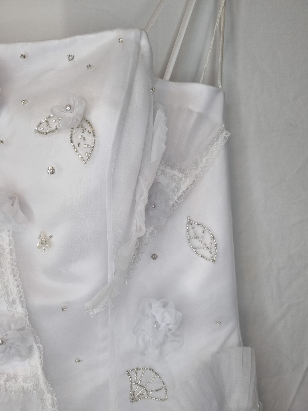 Isabella Faye White Organza Fan Embellished Beaded Train Wedding Dress Sz 126