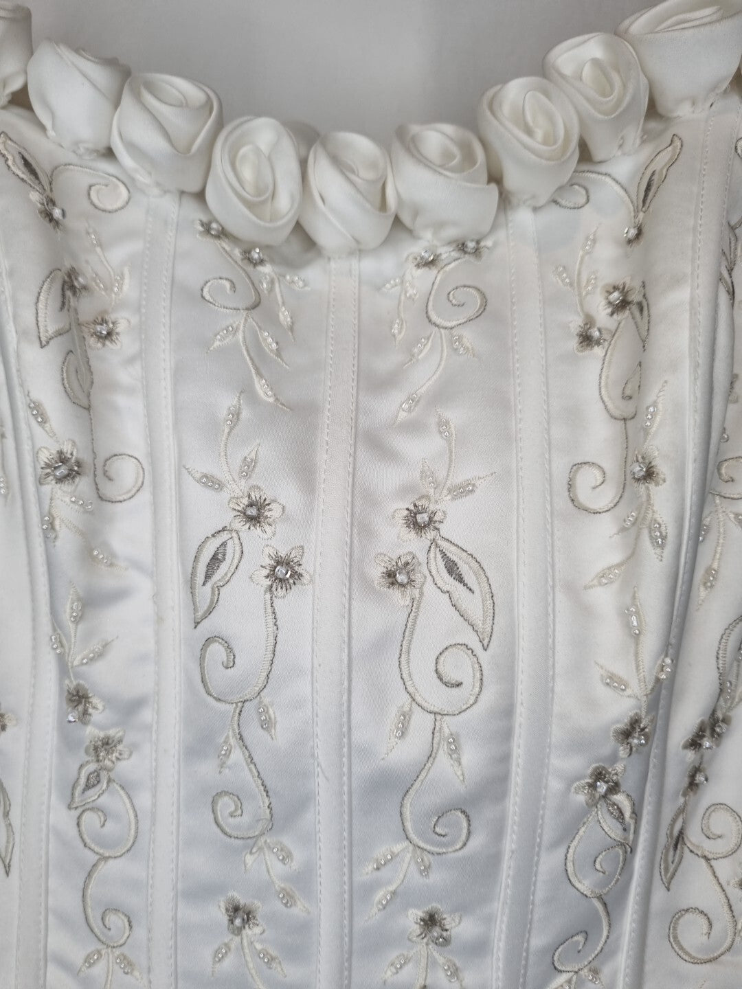 Imoda White Satin Corset Off Shoulder Beaded Roses Train Wedding Dress Sz 127