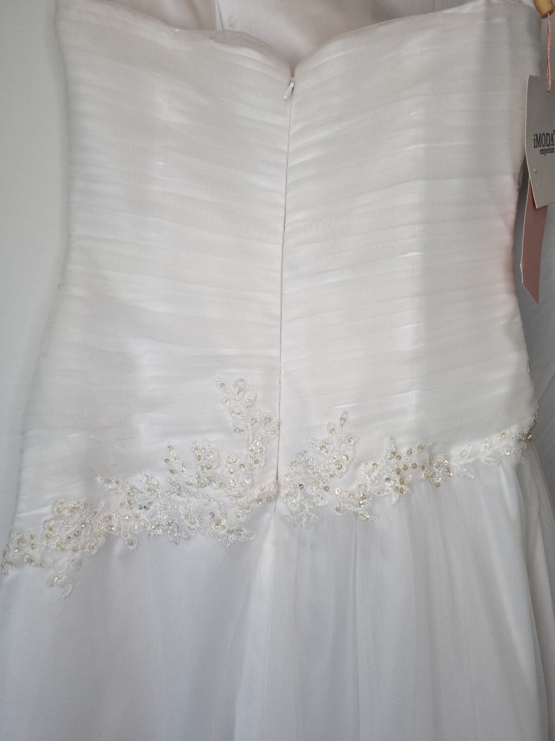 Imoda White Satin Tulle Beaded Applique Ruched Wedding Dress Sz 1212