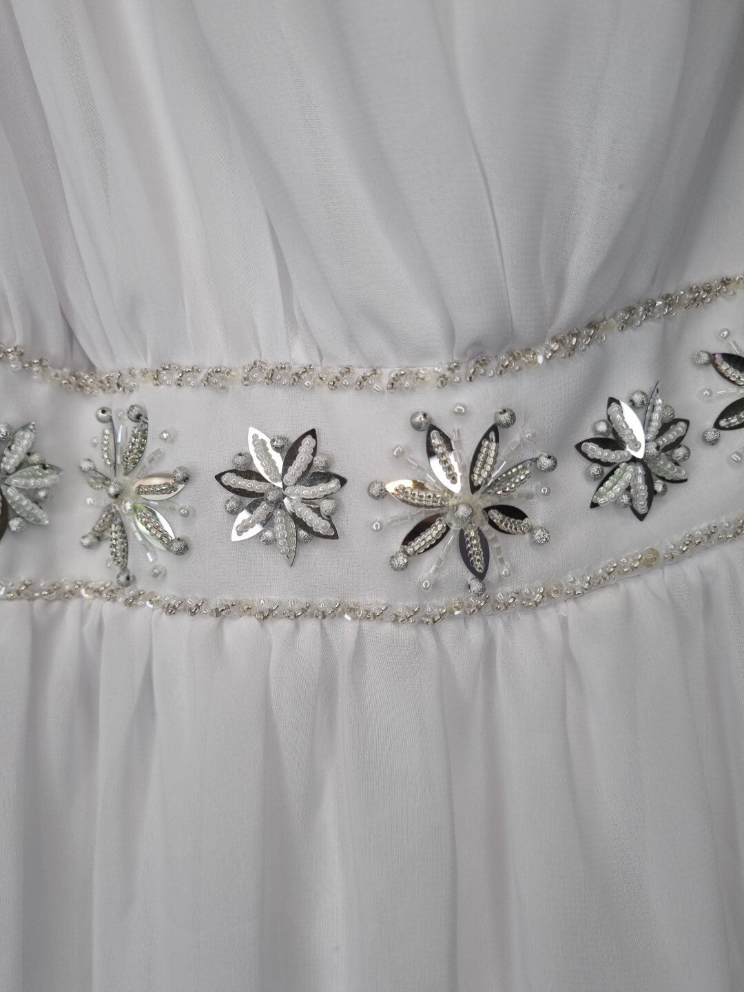 Imoda White Chiffon Gathered Beaded One Shoulder Empire Wedding Dress Sz 128