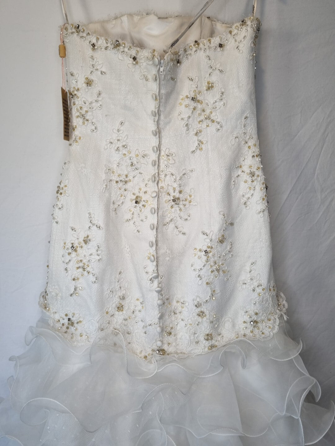 Imoda Ivory Lace Sweetheart Beaded Mermaid Ruffled Train Wedding Dress Sz 1012