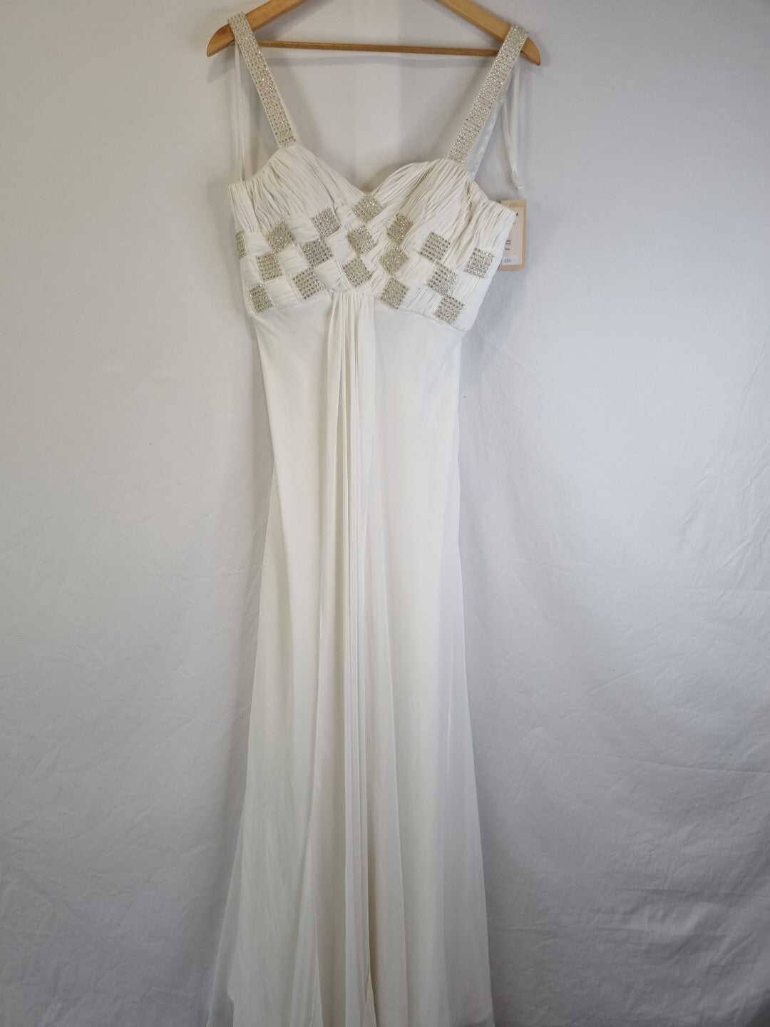 Imoda Ivory Chiffon Sweetheart Ruched Crystal Beaded Wedding Dress Sz 10