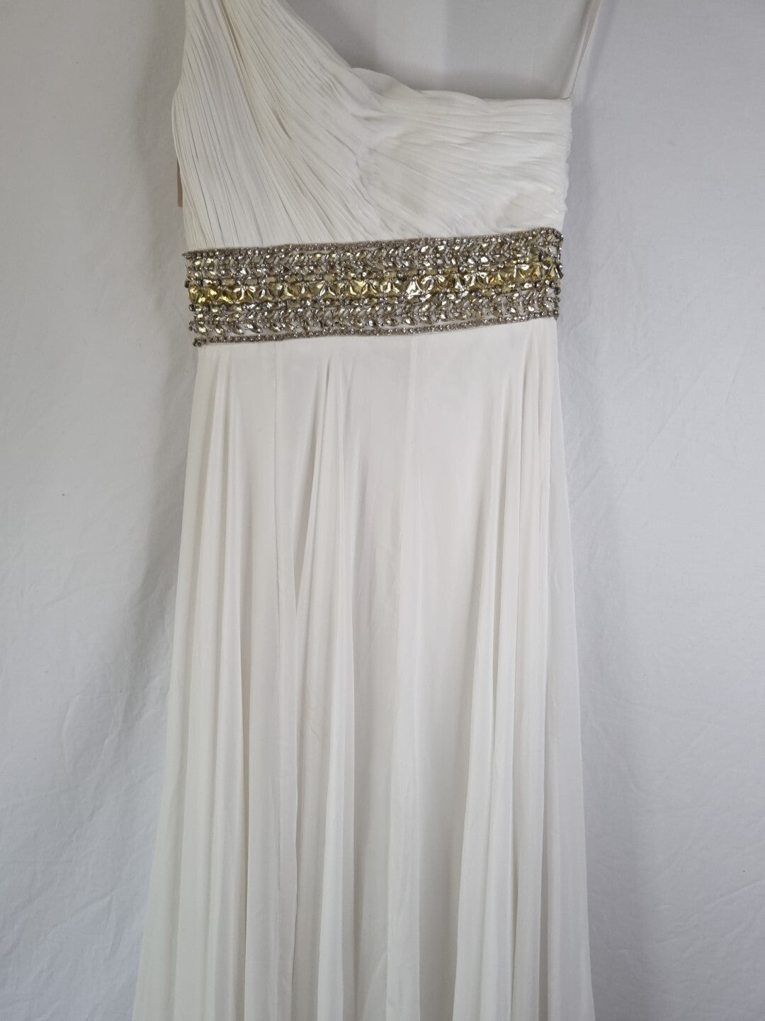Imoda Ivory Chiffon One Shoulder Ruched Crystal Diamante Wedding Dress Sz 108