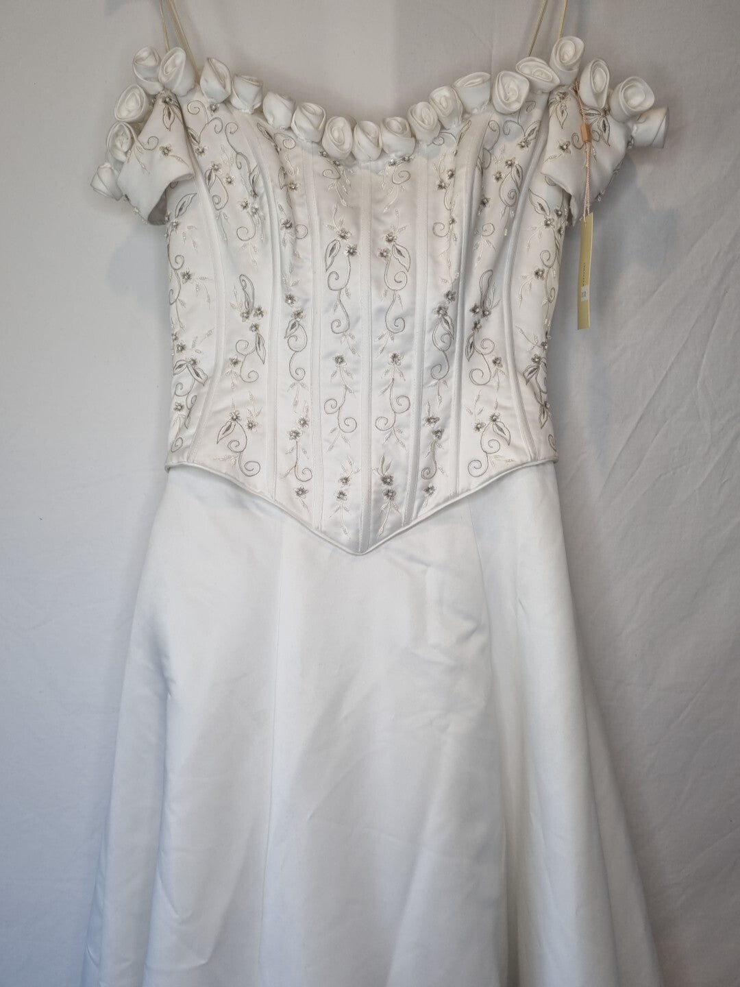 Imoda White Satin Corset Off Shoulder Beaded Roses Train Wedding Dress Sz 121