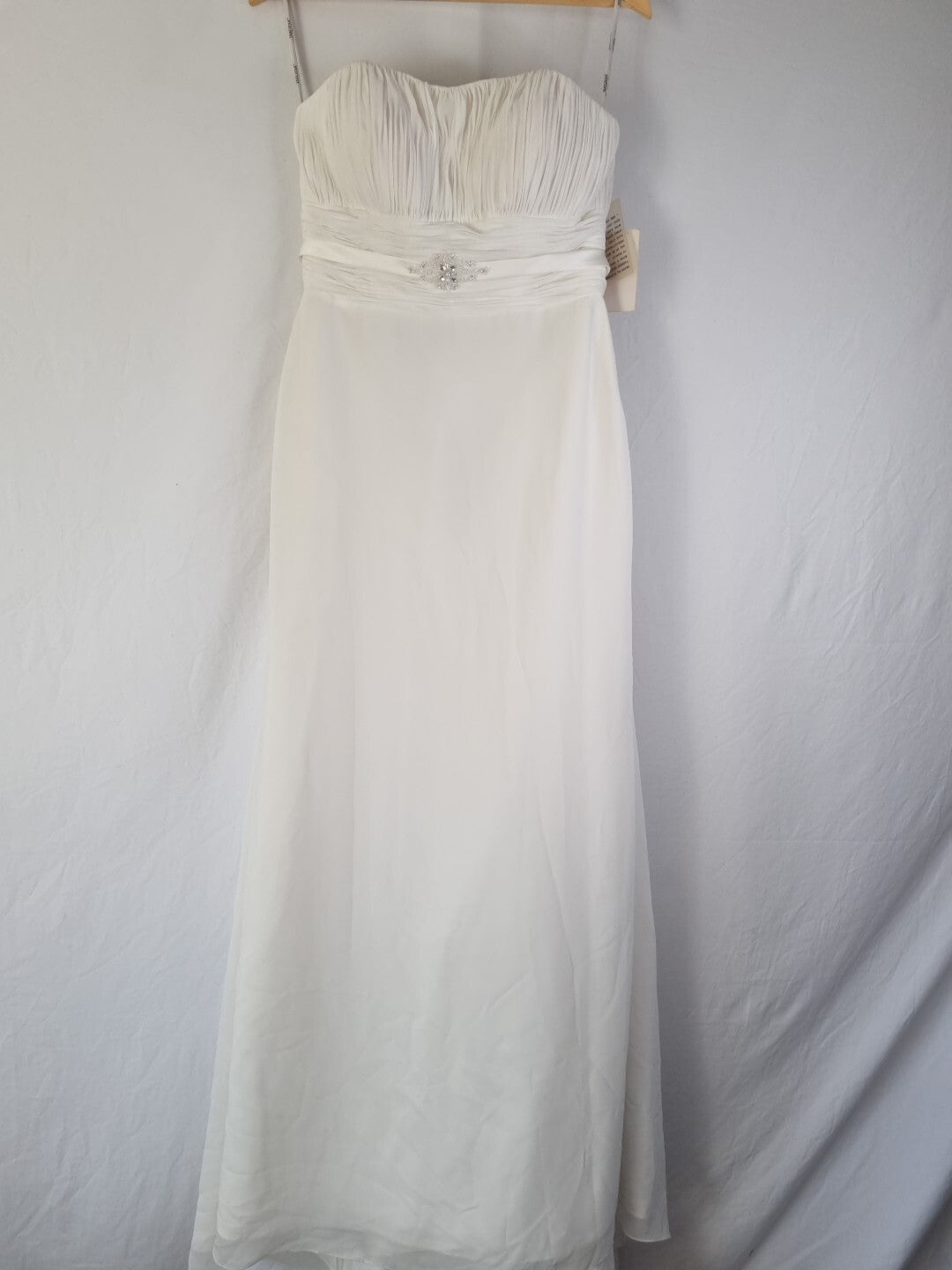 Imoda Ivory Chiffon Ruched Pearl Beaded Train Wedding Dress Sz 10