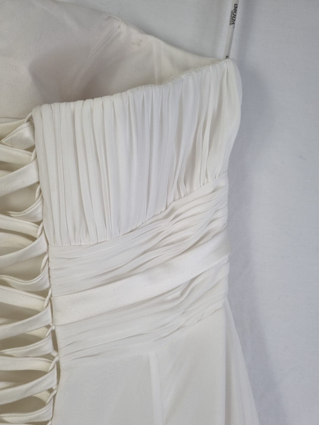 Imoda Ivory Chiffon Ruched Pearl Beaded Train Wedding Dress Sz 1011