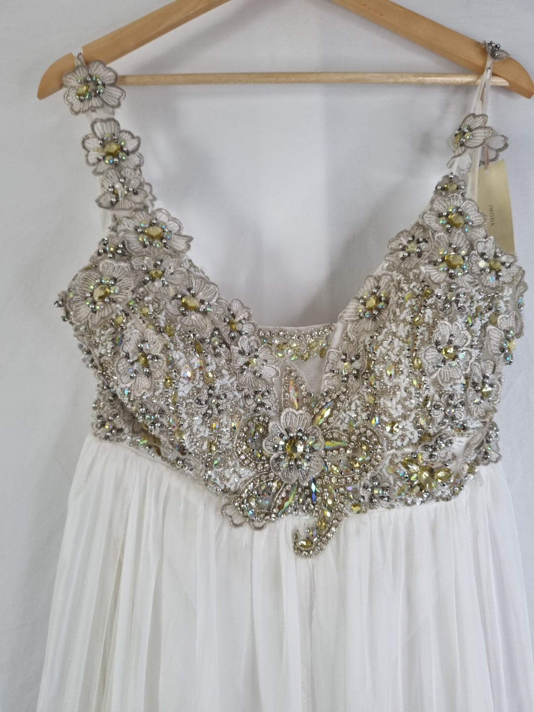 Imoda Ivory Chiffon Ruched Crystal Diamante Beaded Flowers Wedding Dress Sz 143