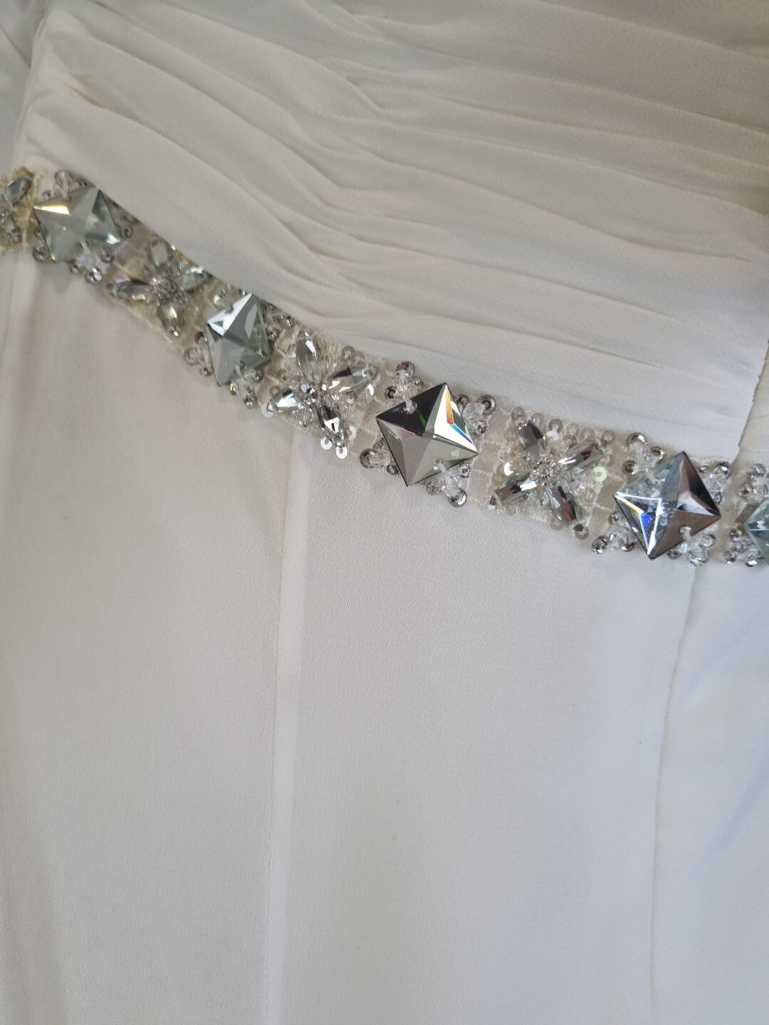 Imoda Ivory Chiffon Ruched Crystal Beaded Train Wedding Dress Sz 812