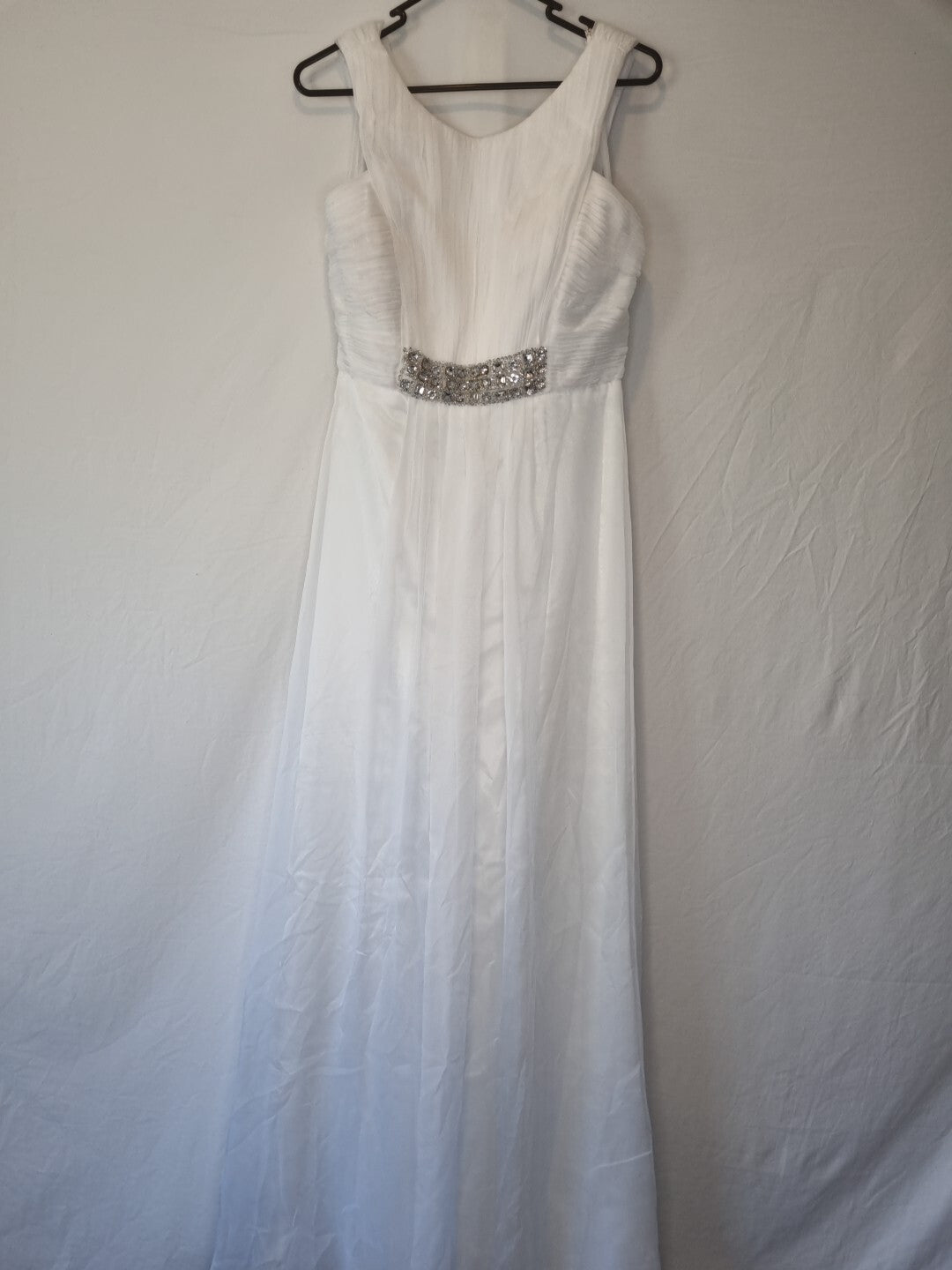 Imoda White Chiffon Ruched Pleated Crystal Grecian Empire Wedding Dress Sz 8