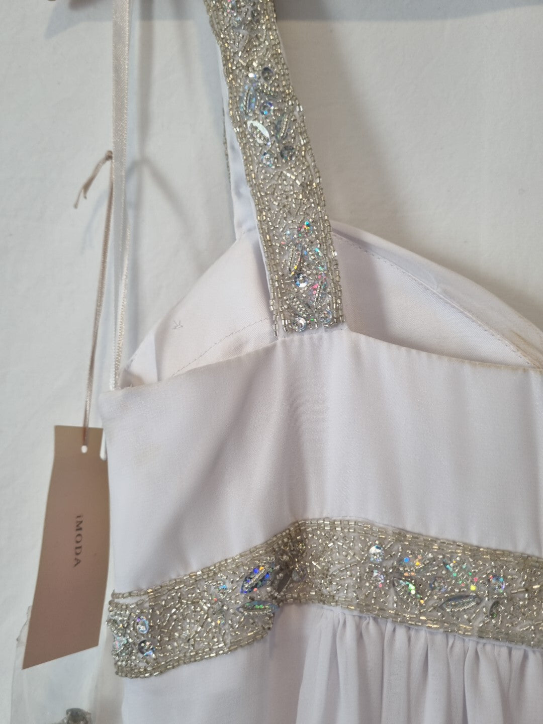 Imoda White Chiffon Sweetheart Beaded Ruched Empire Wedding Dress Sz 811