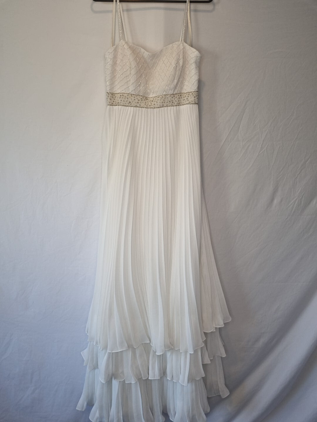 Imoda Ivory Chiffon Beaded Pleated Layered Skirt Empire Wedding Dress Sz 10