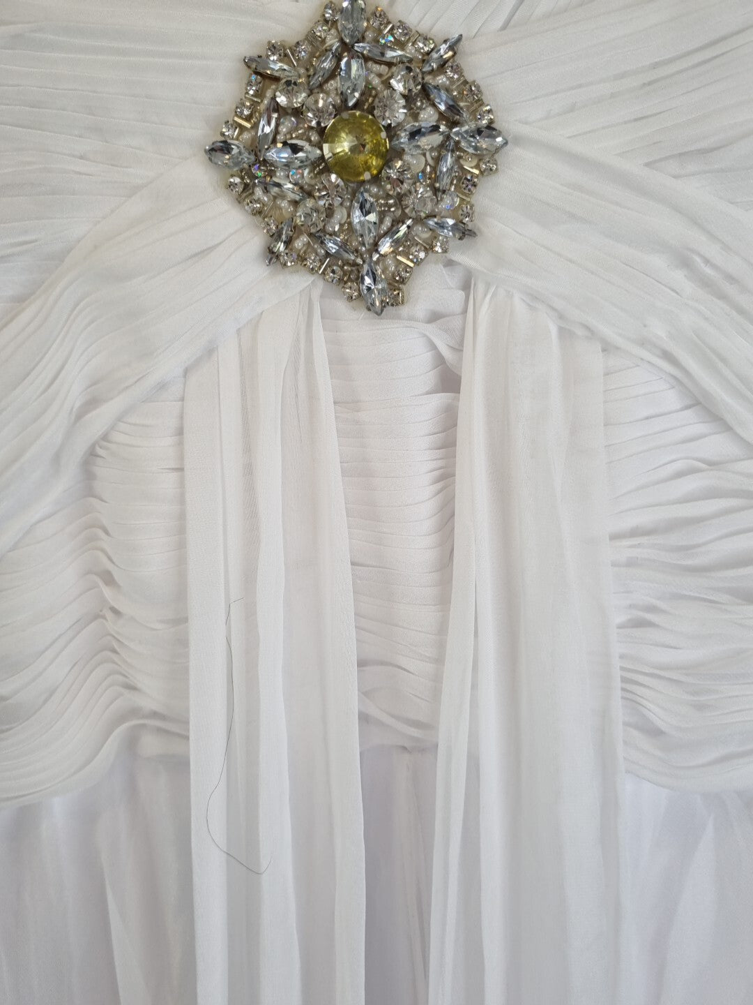 Imoda White Chiffon V neck Beaded Ruched Crystal Fitted Wedding Dress Sz 1215