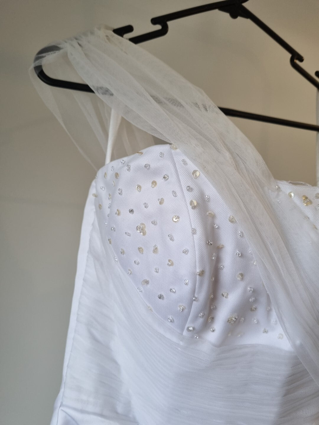 iModa White Sweethear Tulle One Shoulder Beaded Sequin Gathered Wedding Dress 103