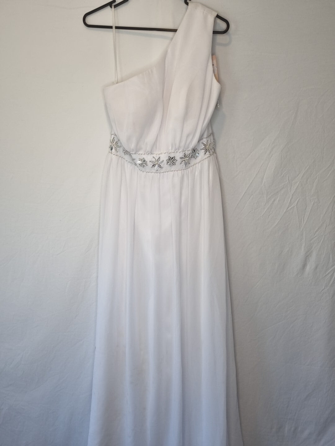 Imoda White Chiffon Gathered Beaded One Shoulder Empire Wedding Dress Sz 12