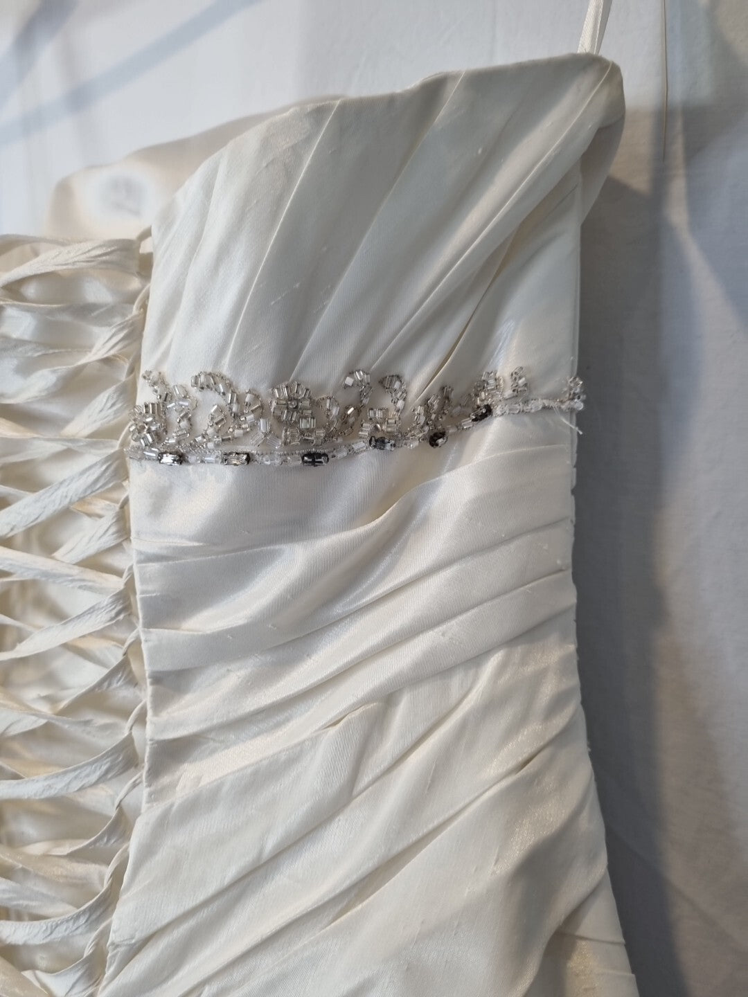Imoda Ivory Sweetheart Ruched Beaded Train Wedding Dress Sz 1010