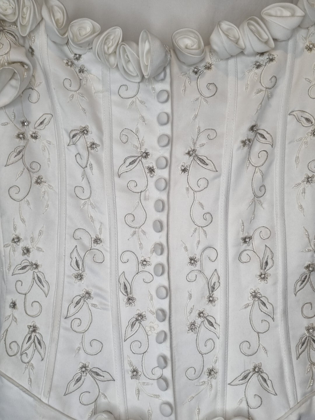 Imoda White Satin Corset Off Shoulder Beaded Roses Train Wedding Dress Sz 1212