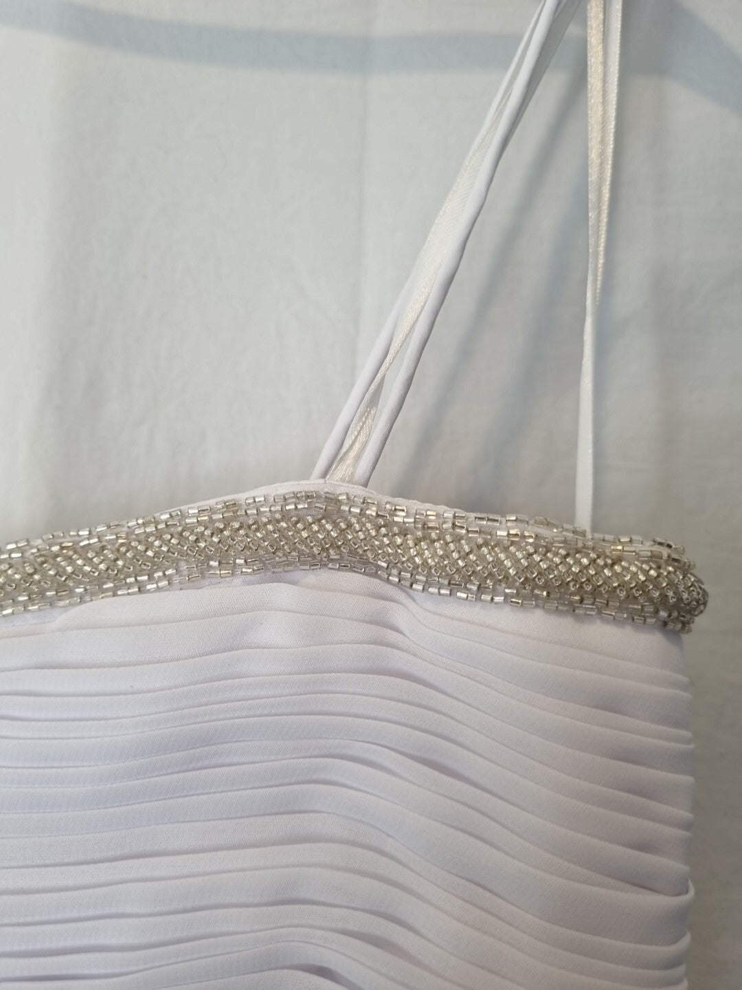 Imoda White Chiffon Sweetheart Beaded Ruched Empire Wedding Dress Sz 812