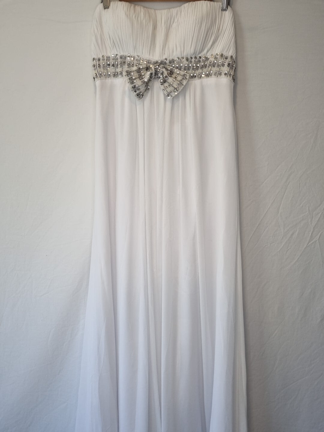 Imoda White Chiffon Ruched Beaded Sweetheart Strapless Wedding Dress Sz 12
