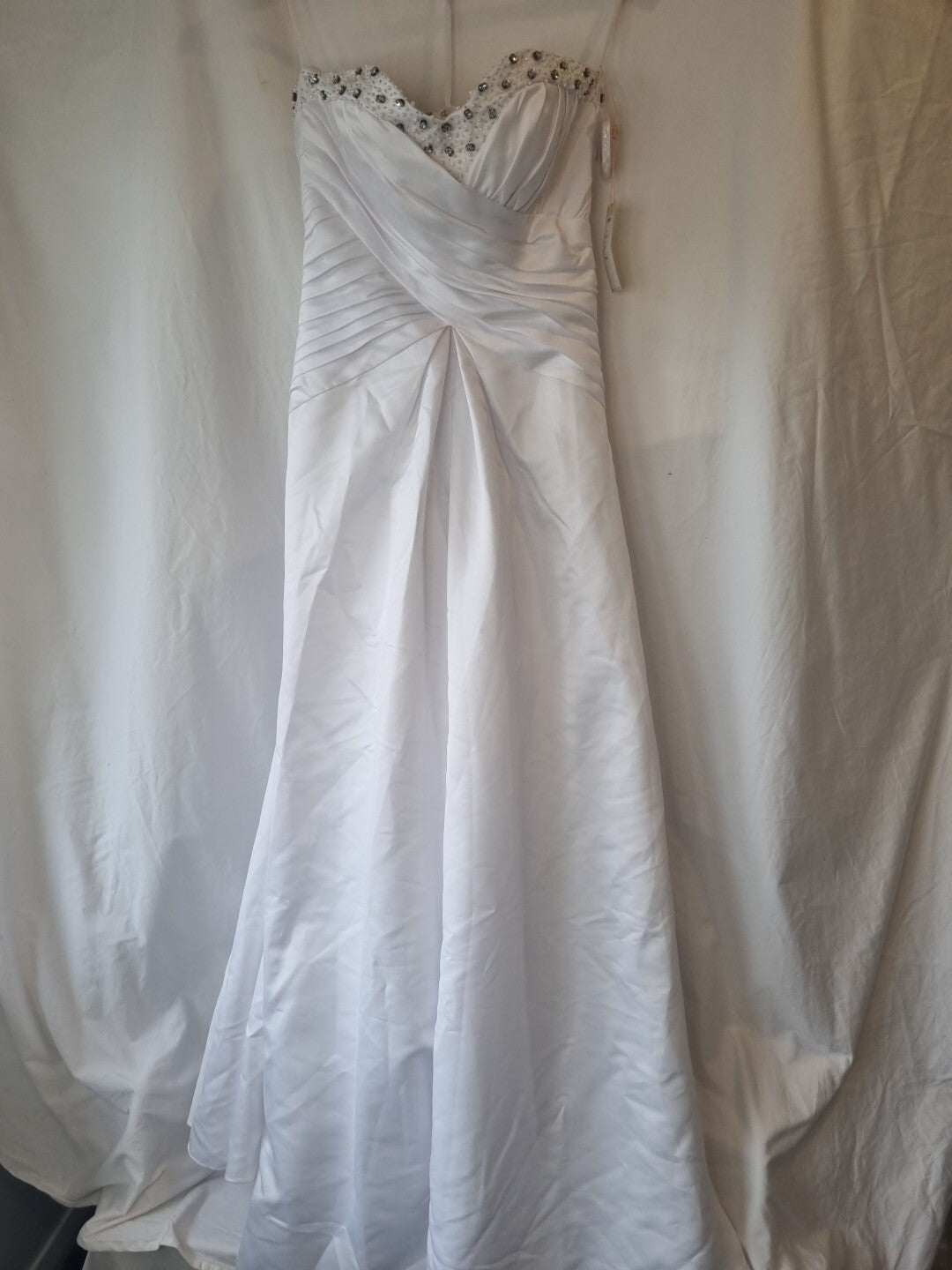 iModa White Satin A-line Beaded Crystal Diamante Pleated Wedding Dress Sz 8