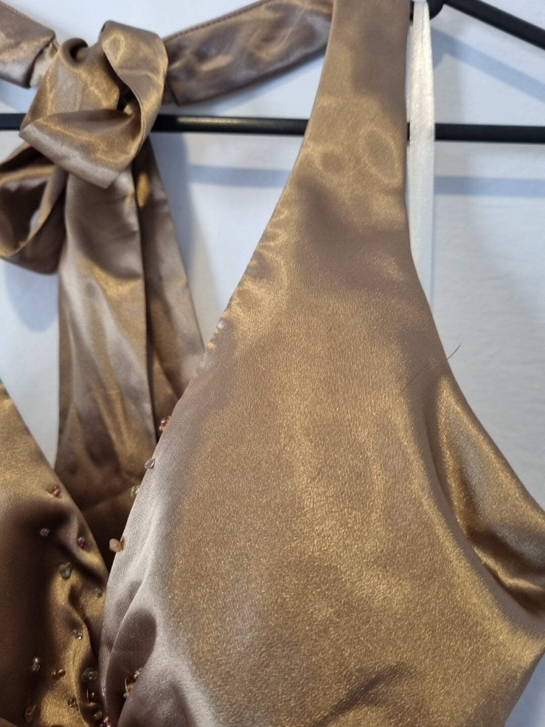 Imoda Brown Bronze Satin Ruched Beaded Halter Evening Bridesmaid Dress Sz 87