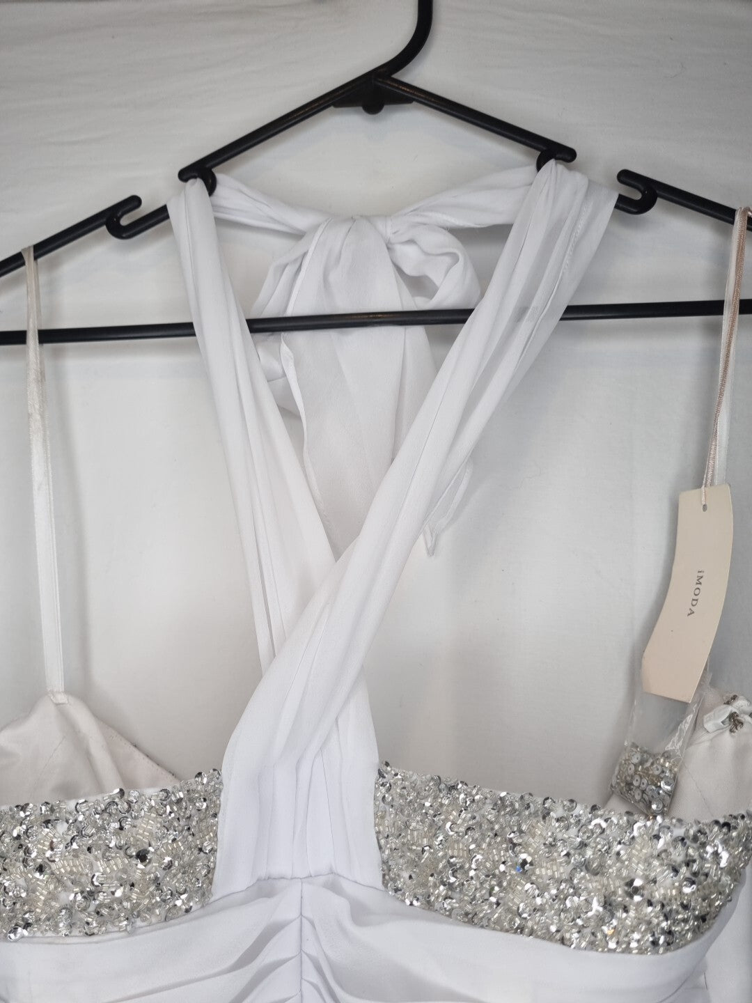 Imoda White Chiffon Ruched Beaded Halter Neck Empire Wedding Dress Sz 104
