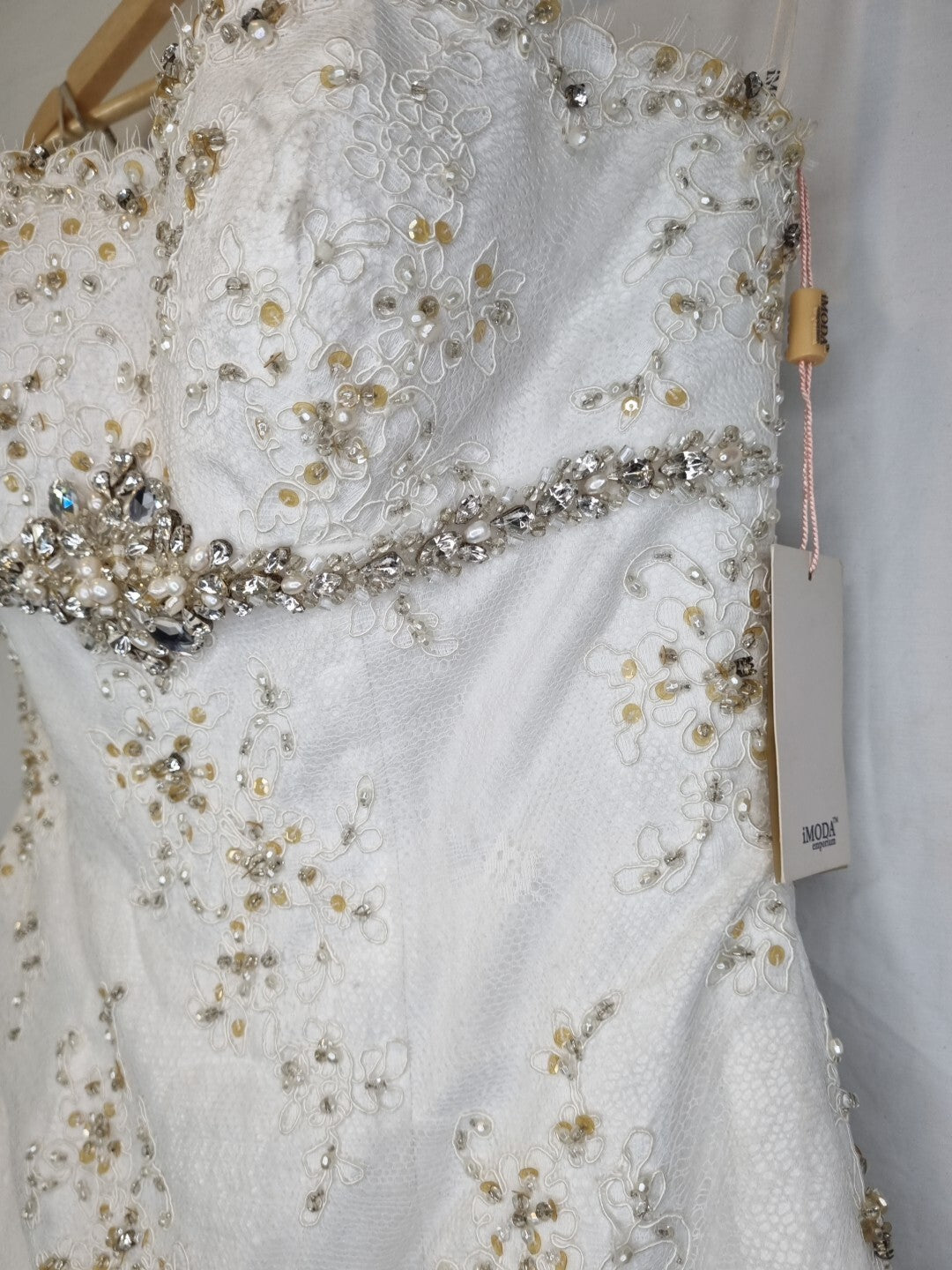 Imoda Ivory Lace Sweetheart Beaded Mermaid Ruffled Train Wedding Dress Sz 104