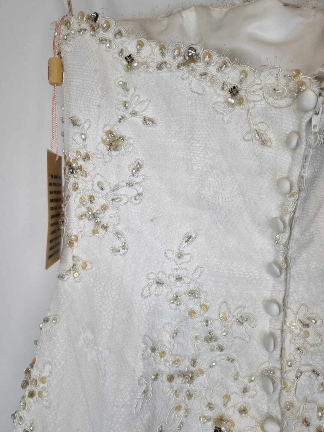 Imoda Ivory Lace Sweetheart Beaded Mermaid Ruffled Train Wedding Dress Sz 1015