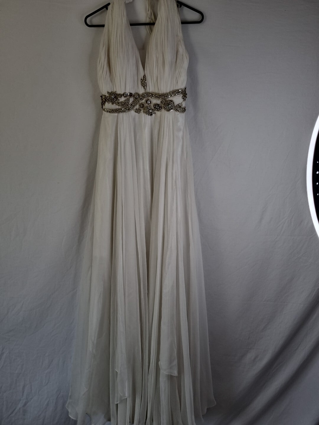 Imoda Ivory Chiffon Halter Neck Ruched Crystal Bead Backless Wedding Dress Sz 6