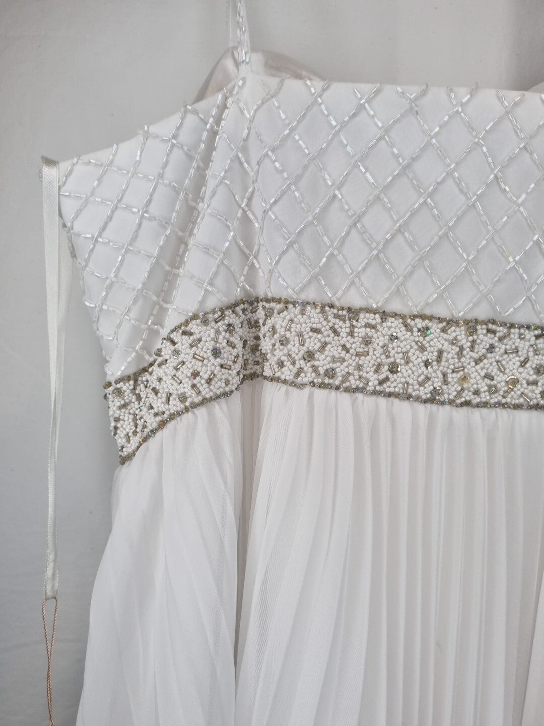 Imoda White Chiffon Pleated Beaded Tiered Strapped Wedding Dress Sz 1411