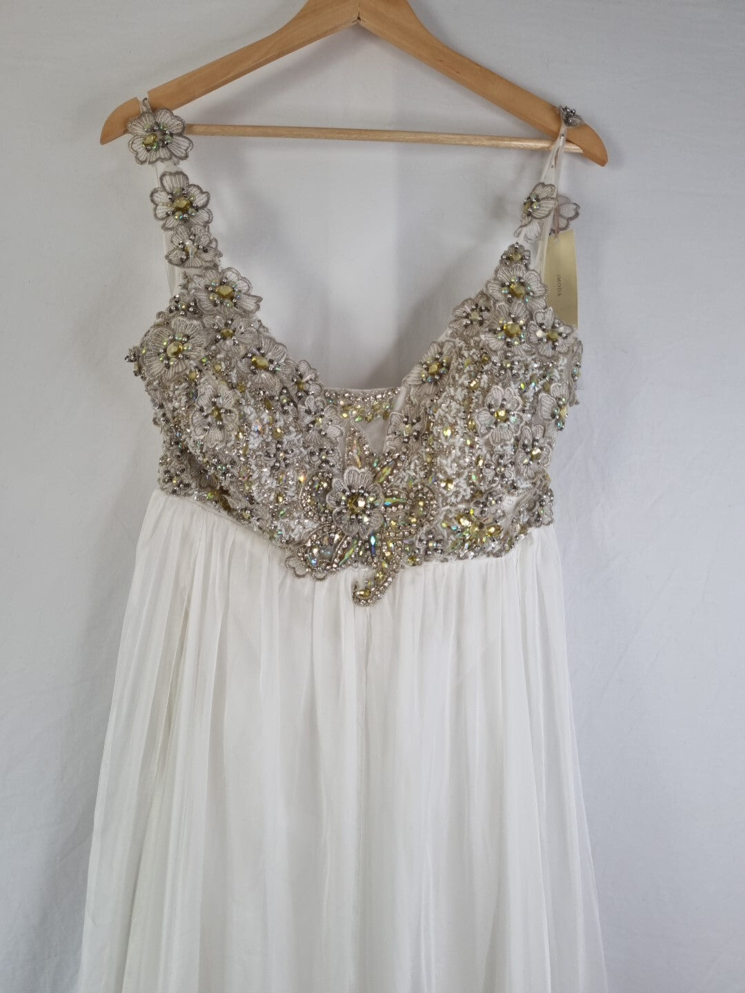 Imoda Ivory Chiffon Ruched Crystal Diamante Beaded Flowers Wedding Dress Sz 142