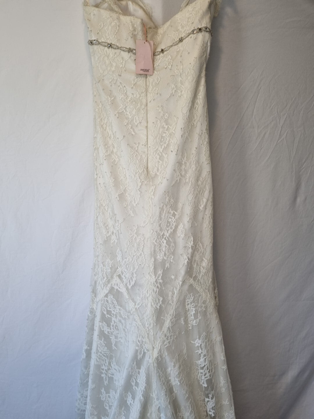 Imoda Ivory Lace Sweetheart Vneck Beaded Mermaid Train Wedding Dress Sz 109