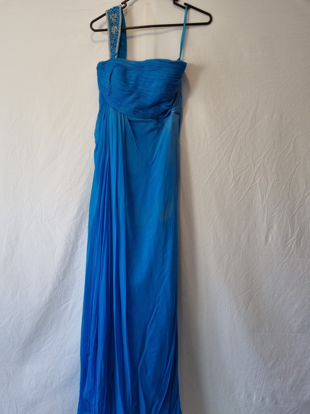 Imoda Chiffon Blue Ruched Beaded One Shoulder Evening Bridesmaid Silk Dress Sz10