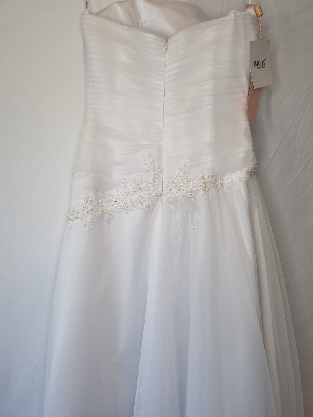 Imoda White Satin Tulle Beaded Applique Ruched Wedding Dress Sz 1210