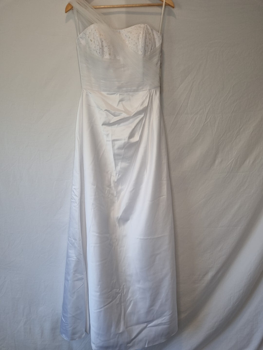 Isabella Faye White Satin Tulle Ruched Beaded One Shoulder Wedding Dress Sz 10