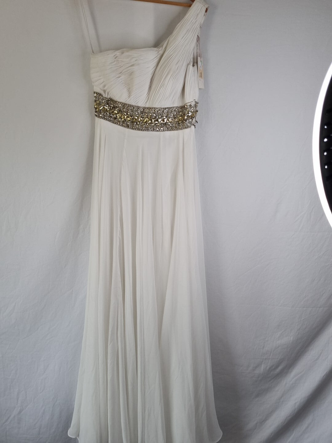 Imoda Ivory Chiffon One Shoulder Ruched Crystal Diamante Wedding Dress Sz 10