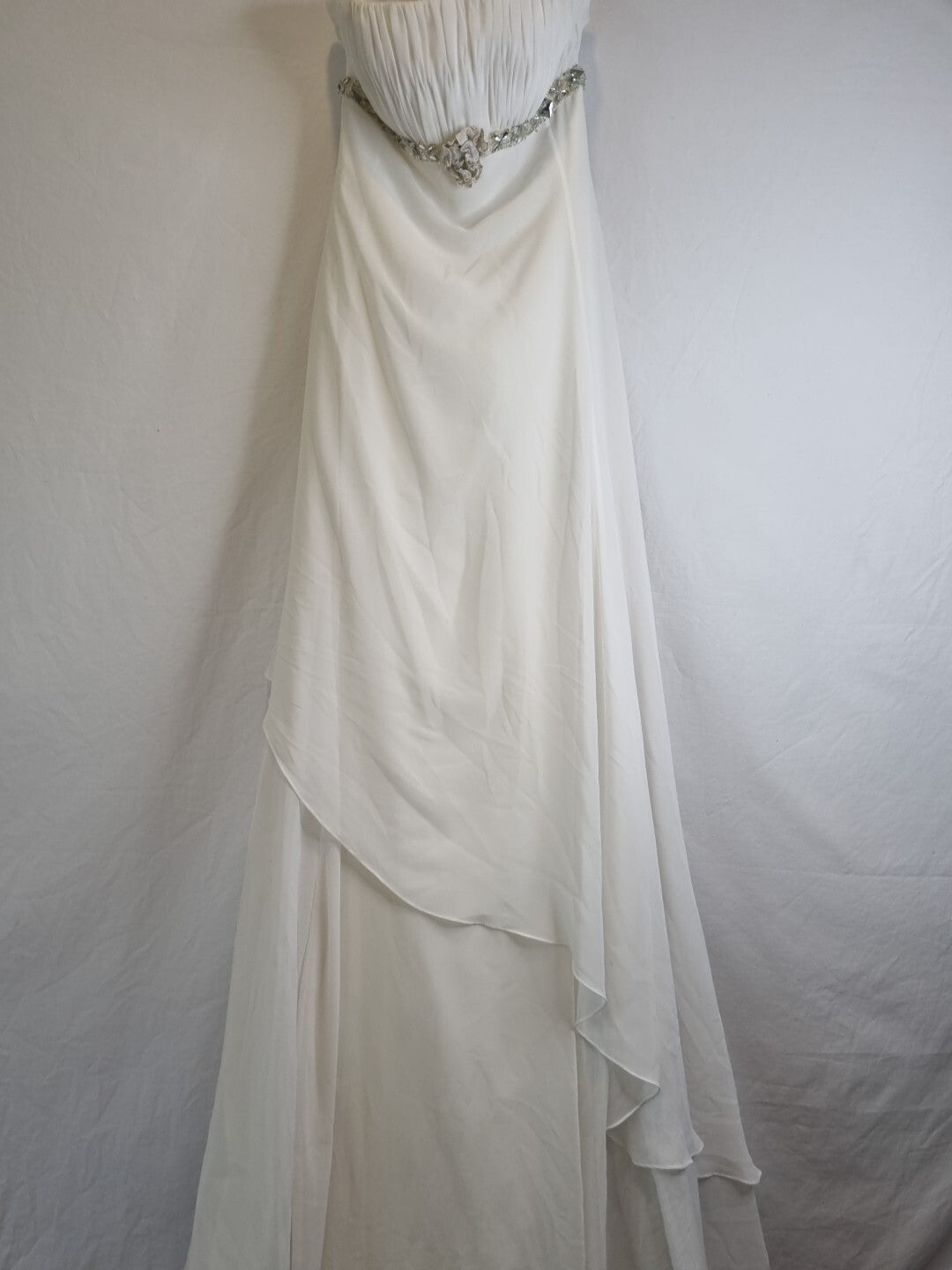 Imoda Ivory Chiffon Ruched Crystal Beaded Train Wedding Dress Sz 8