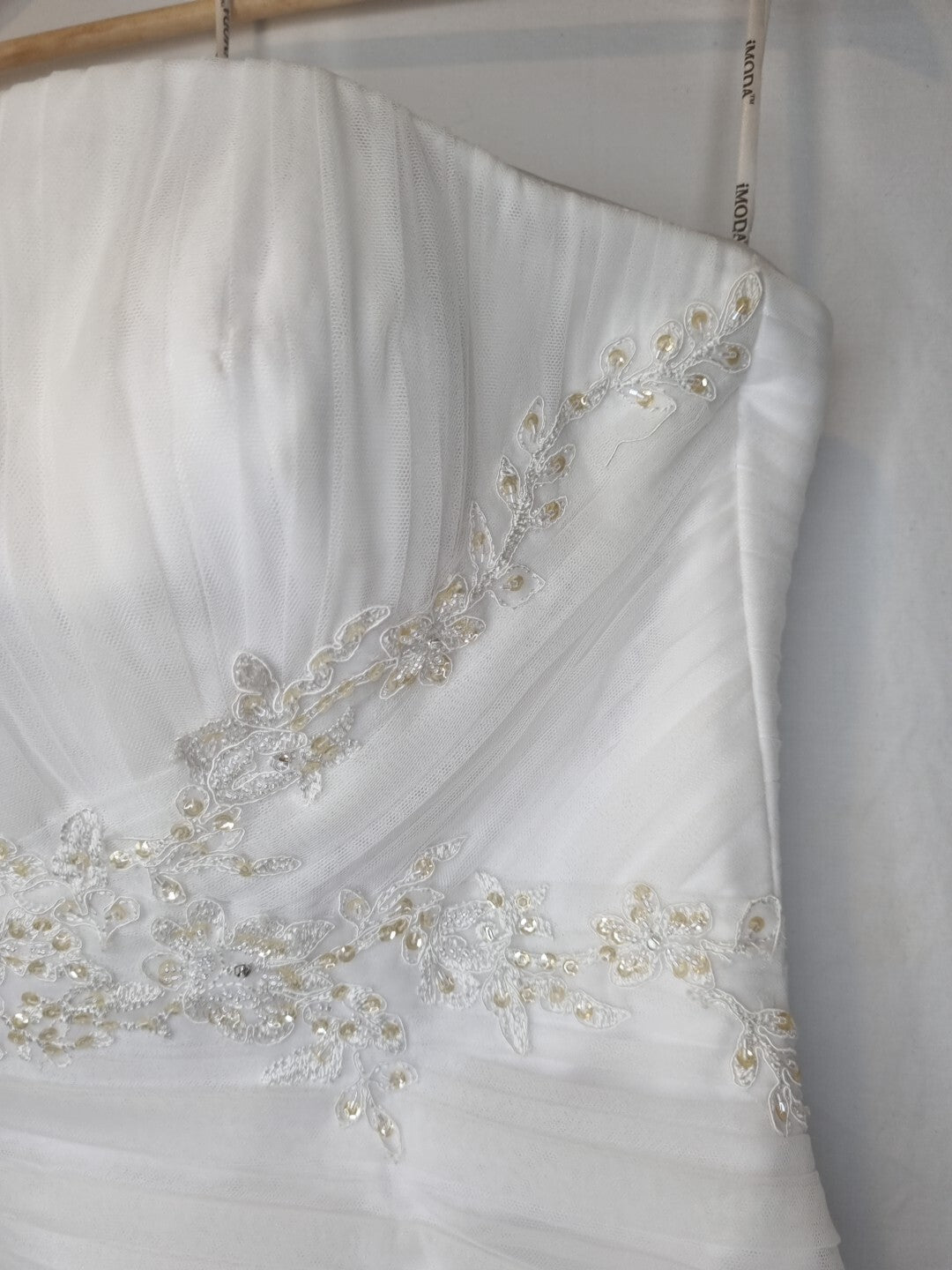 Imoda White Satin Tulle Beaded Applique Ruched Wedding Dress Sz 123
