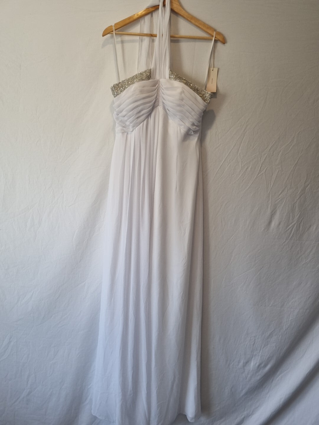 Imoda White Chiffon Beaded Ruch Halter Neck Empire Wedding Dress Sz 12